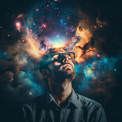 The image depicts a man looking upward, with a cosmic galaxy effect merging into his head, symbolizing creativity and the birth of ideas through vibrant colors and stars on a dark background.