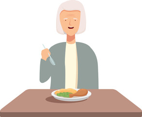 Illustration of an elderly woman with a smile, dining alone at a table