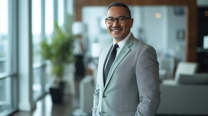 Fototapeta premium Professional Asian Businessman in Modern Office Setting - Ideal for Corporate, Diversity, Business Portraits, and Marketing Materials