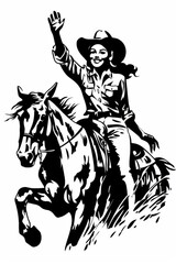 Fototapeta premium Line art of a happy beautiful cowgirl from the 1950s waving and riding a bronco, feminine, 2 tone stencil, generated with ai