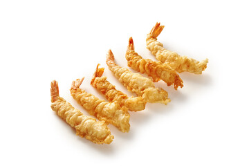 Traditional Japanese crispy tempura shrimps isolated on white