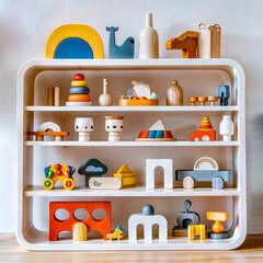 Shelf filled with lots of toys on top of hard wood floor.