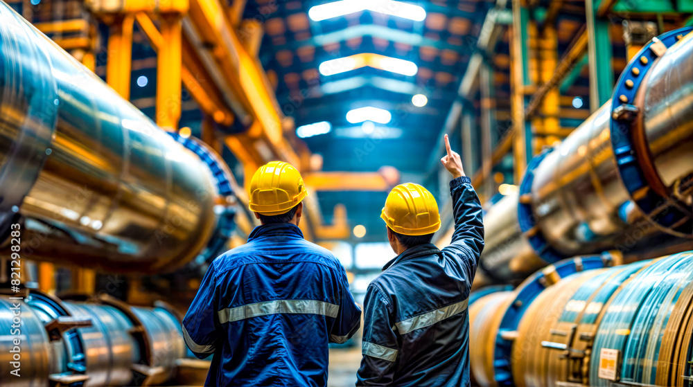 Poster two men in hardhats standing in front of line of pipes.