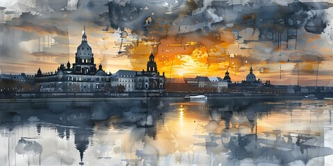 Sunset view of Zwinger Palace art gallery in Dresden Germany with oil painting. Concept Travel Photography, Zwinger Palace Dresden, Art Gallery Tour, Sunset Views, Oil Painting Artworks