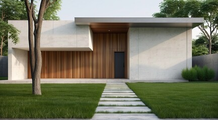 3D rendering of a modern home with green grass lawn wooden door entrance and empty white concrete wall