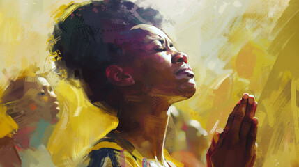 Black woman in a yellow dress is praying, surrounded by others in a warmlite setting.