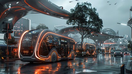 Futuristic city public transportation hub, autonomous buses and digital route planners