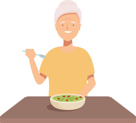 Illustration of an elderly woman with a chef hat holding a fork, about to enjoy a fresh salad