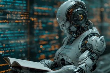 Fototapeta premium Sitting in front of a multitude of flashing displays, the robot is intently studying instructions from an open book