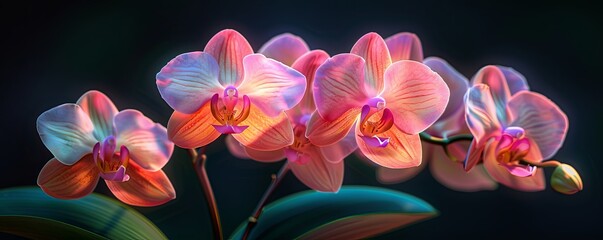 Orchid flowers with detailed petals and vibrant colors, set against a dark background