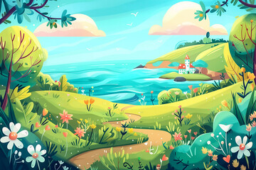 Obraz premium Cartoon background for product preview, backdrope with seascape for children's book, storybook