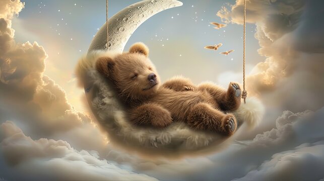 Baby bear sweetly sleeping on a crescent moon against a starry night sky and clouds. A fabulous character for a lullaby. Illustration for cover, card, postcard, interior design, decor or print.