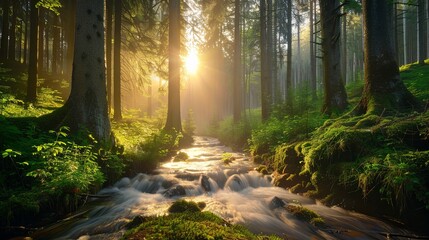 A forest with a stream or river running through it. Sunset and the sun shines through the trees...