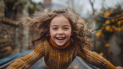 someone happy with a funny look is jumping on a trempoline generative ai