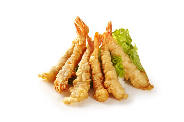 Tempura shrimp teepee with rice and fresh greens on white