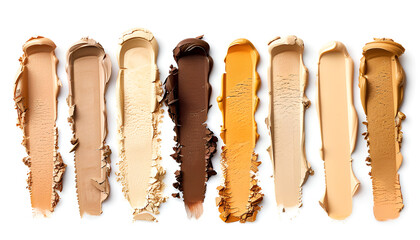 Foundation of different textures and shades for various skin types isolated on white. Set with samples of makeup product