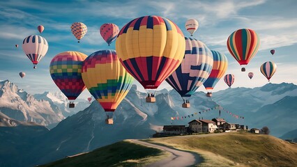 Obraz premium Stunning Landscape Photography: Majestic Mountains and Serene Rivers, hot air baloons
