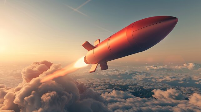 An intercontinental ballistic missile flies above the clouds. Tactical nuclear weapons. Air attack. Illustration for varied design.