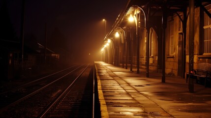 An old train station, lit by streetlights, whispers stories of past journeys and fleeting connections.