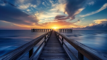pier with dramatic clouds at sunset.