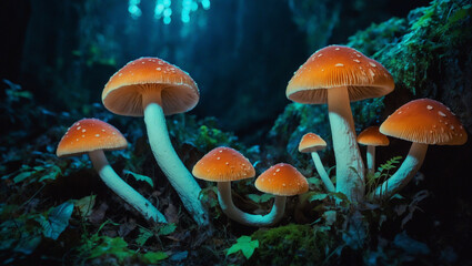Fototapeta premium Glowing Mushroom Grotto Venture into a hidden grotto