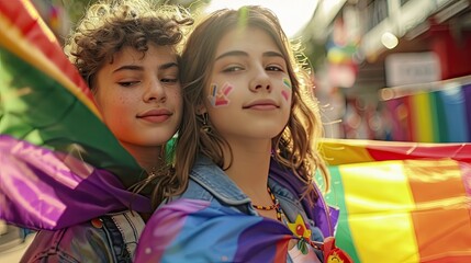Close-up of two teenagers with LGBTQ+ flags draped over their shoulders, surrounded by colorful pride banners and signs, leaving copy space to the right
