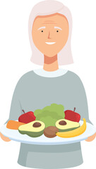 Illustration of an elderly woman smiling as she holds a plate of colorful, nutritious food