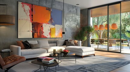 Bold abstract shapes for a dynamic living room. --ar 16:9 Job ID: 49f66ac7-038a-4474-941b-7dd257afc200