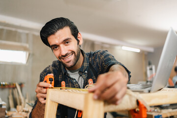 carpenter workshop with timber equipment and carpenter's shop tool, craft woodwork industry by...