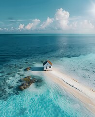 house on a paradise island in the Caribbean sea, aerial view, ocean turquoise water, paradise vacation, privacy, hot summer, heaven on earth, tourism and travel