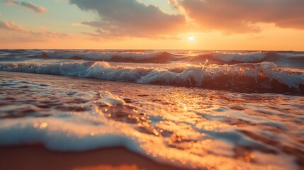 Summer Beach Sunrise with Warm Golden Hues and Gentle Waves in a Wide Angle Shot Capturing the Beauty of a Tranquil Morning Seascape.
