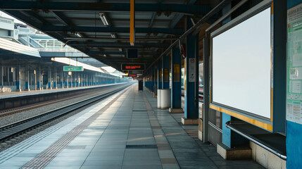 A blank empty canvas poster screen board hanging on a wall at a railway station.
