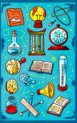 Painting of book, lamp, clock, and other items