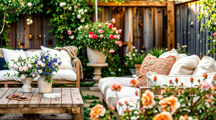Living room filled with lots of furniture and lots of flowers on top of it.
