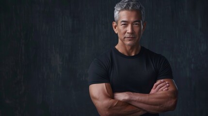 A man stands with arms crossed against a black void