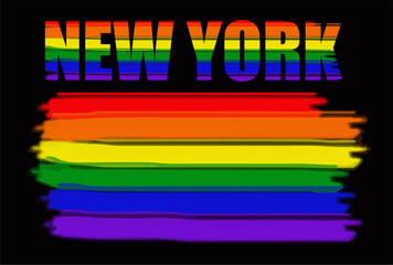Vector colorful lettering new york and flag with pattern
in style of lgbt community. Fashionable name of city
in colors of rainbow. Print for t shirt. 
Bright summer ornament isolated on black backgro