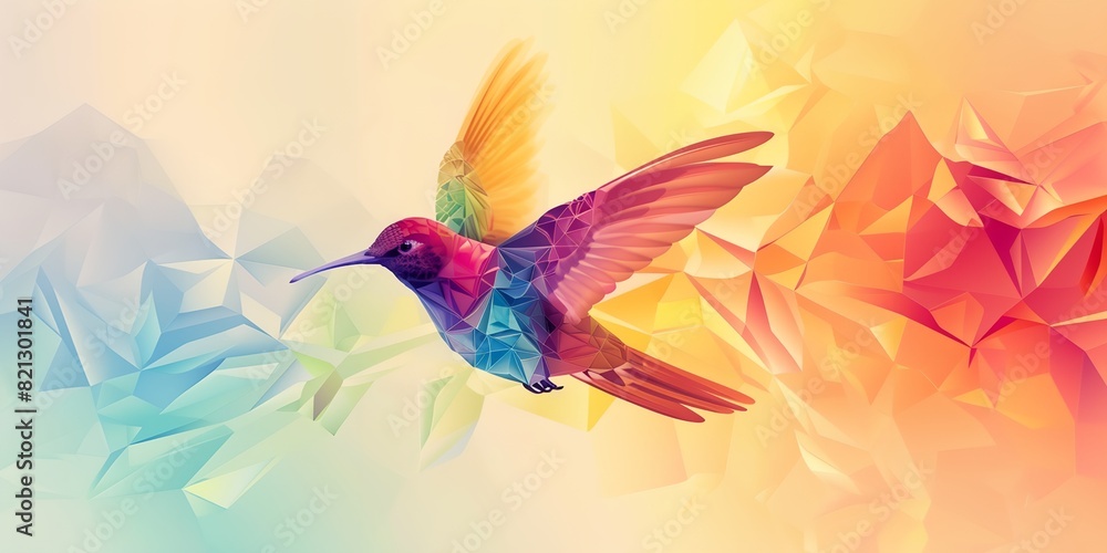 Poster a colorful bird flying over a colorful background with low polygons and triangles