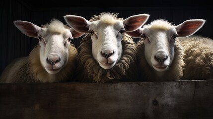 Obraz premium Several sheeps look curiously at the camera. Sheeps on a wool farm.