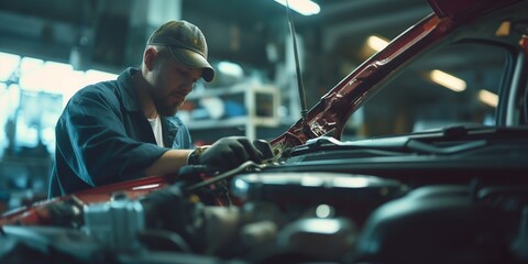 A mechanic with concealed identity is working under the hood of a car in an automotive repair shop
