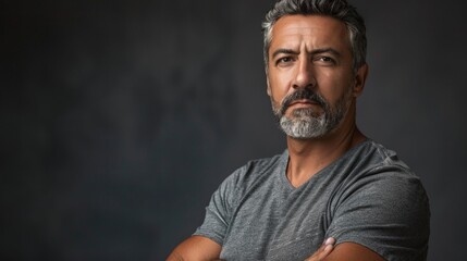 A man with grey hair and a beard in a gray shirt