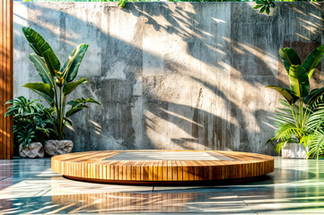 Wooden circular bench sitting next to wall with potted plant.