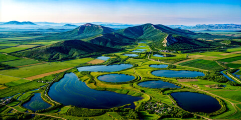 Aerial view of golf course surrounded by green hills and lakes in the mountains.