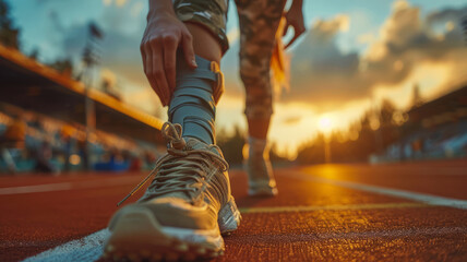 Parasport. woman para athlete on prosthetic leg running track stadium,generative ai