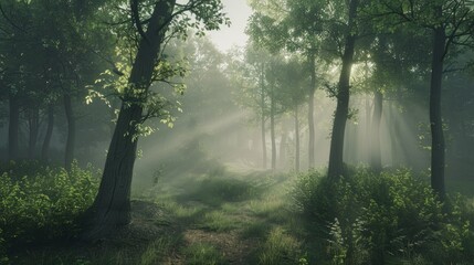 Create a calming forest scene with a misty morning atmosphere. --ar 16:9 Job ID: 26412507-d269-4d83-a1ee-3fd483cf96b2