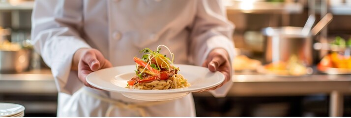 Chef in white uniform holding a perfectly presented culinary dish with a professional kitchen background