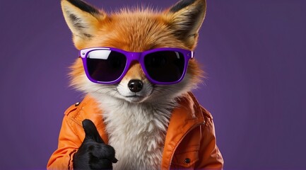 Fox with sunglasses, giving thumb up, isolated on purple background