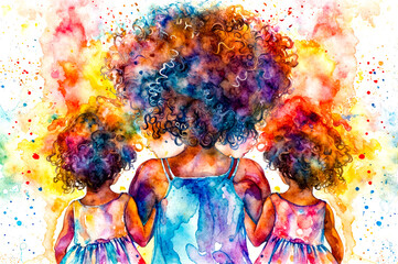 Watercolor painting of two girls with curly hair and blue dress.