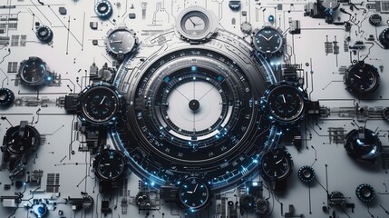 Futuristic Clockwork Technology Circle with Intricate Details and Digital Interface. Time and Time machine concept.