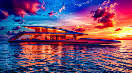 Boat floating on top of body of water under colorful sky.