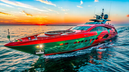 Red and green boat is in the water at sunset with the sun in the background.